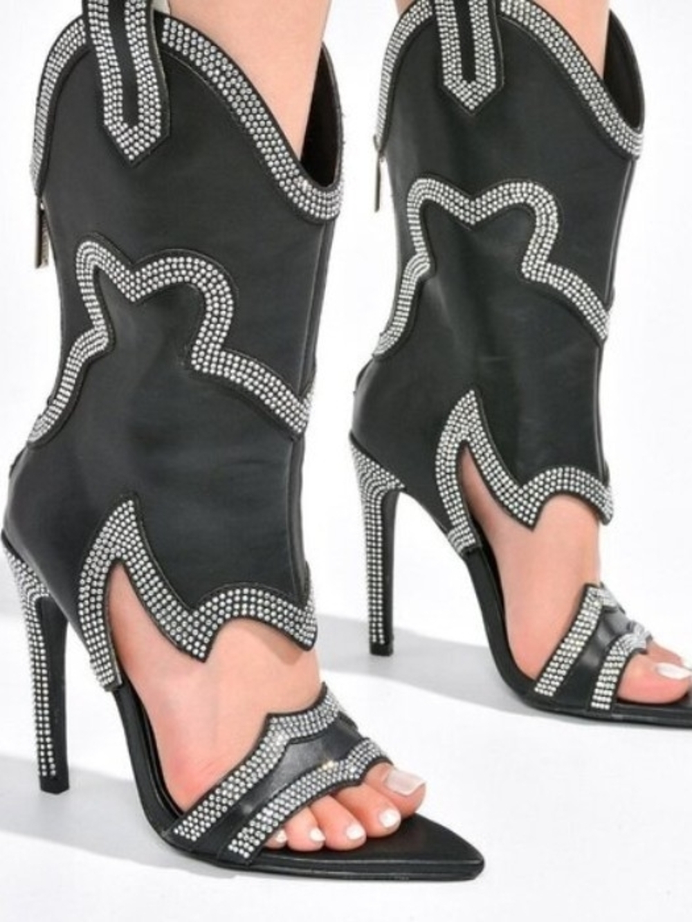Women's Black Rhinestone-Trim High Heel Cowboy Sandals